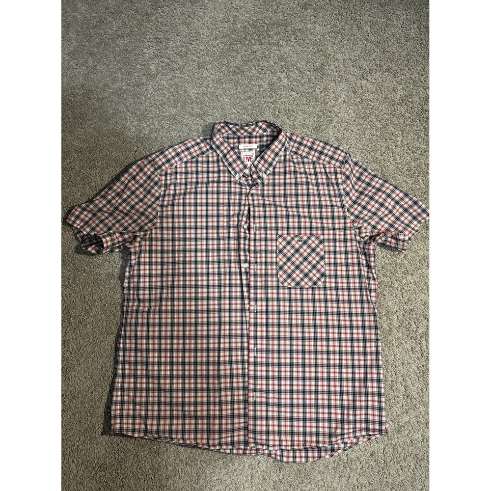Lacoste LIVE Mens Skinny Fit Plaid Short Sleeve Button Down Shirt Red Blue Sz 44